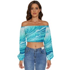 Blue Ocean Wave Watercolor Ii Long Sleeve Crinkled Weave Crop Top by GardenOfOphir