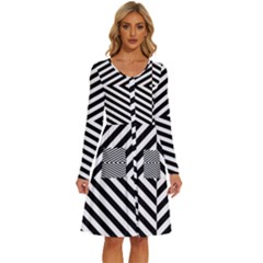 Abstract Lines Pattern Art Design Background Long Sleeve Dress With Pocket