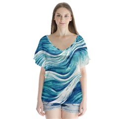 Abstract Blue Ocean Waves V-neck Flutter Sleeve Top by GardenOfOphir