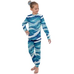 Abstract Blue Ocean Waves Kids  Long Sleeve Set  by GardenOfOphir