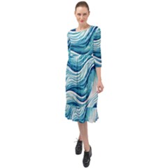 Abstract Blue Ocean Waves Ruffle End Midi Chiffon Dress by GardenOfOphir