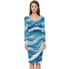Abstract Blue Ocean Waves Long Sleeve V-neck Bodycon Dress  by GardenOfOphir