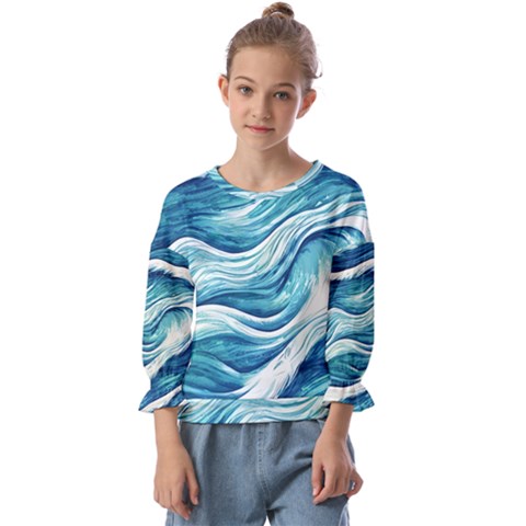 Abstract Blue Ocean Waves Kids  Cuff Sleeve Top by GardenOfOphir