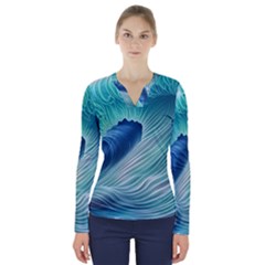 Summer Ocean Waves V-neck Long Sleeve Top by GardenOfOphir