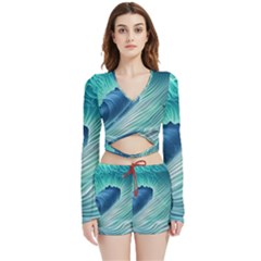 Summer Ocean Waves Velvet Wrap Crop Top And Shorts Set by GardenOfOphir