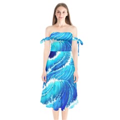 Simple Blue Ocean Wave Shoulder Tie Bardot Midi Dress by GardenOfOphir