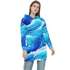 Simple Blue Ocean Wave Women s Long Oversized Pullover Hoodie by GardenOfOphir