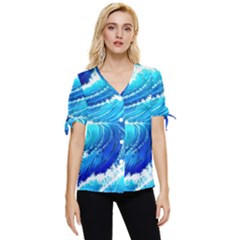 Simple Blue Ocean Wave Bow Sleeve Button Up Top