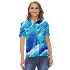 Simple Blue Ocean Wave Women s Short Sleeve Double Pocket Shirt