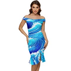 Simple Blue Ocean Wave Off Shoulder Ruffle Split Hem Bodycon Dress by GardenOfOphir