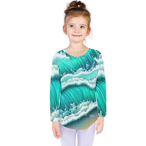 Ocean Waves Design In Pastel Colors Kids  Long Sleeve Tee by GardenOfOphir