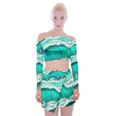 Ocean Waves Design In Pastel Colors Off Shoulder Top with Mini Skirt Set