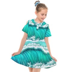 Ocean Waves Design In Pastel Colors Kids  Short Sleeve Shirt Dress by GardenOfOphir