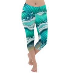 Ocean Waves Design In Pastel Colors Lightweight Velour Capri Yoga Leggings by GardenOfOphir