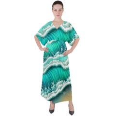 Ocean Waves Design In Pastel Colors V-Neck Boho Style Maxi Dress