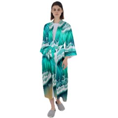 Ocean Waves Design In Pastel Colors Maxi Satin Kimono