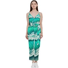 Ocean Waves Design In Pastel Colors V-neck Spaghetti Strap Tie Front Jumpsuit by GardenOfOphir