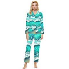 Ocean Waves Design In Pastel Colors Womens  Long Sleeve Velvet Pocket Pajamas Set by GardenOfOphir