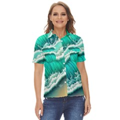 Ocean Waves Design In Pastel Colors Women s Short Sleeve Double Pocket Shirt