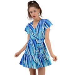 Nature Ocean Waves Flutter Sleeve Wrap Dress