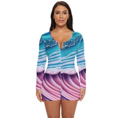 Pink Wave Crashing On The Shore Long Sleeve Boyleg Swimsuit