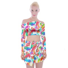 Feathers Pattern Background Colorful Plumage Off Shoulder Top With Mini Skirt Set by Ravend