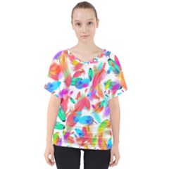 Feathers Pattern Background Colorful Plumage V-neck Dolman Drape Top