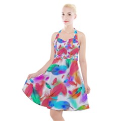 Feathers Pattern Background Colorful Plumage Halter Party Swing Dress  by Ravend