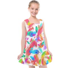 Feathers Pattern Background Colorful Plumage Kids  Cross Back Dress by Ravend