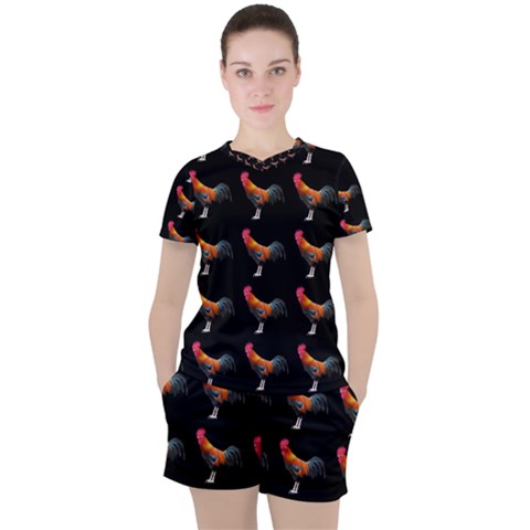 Background Pattern Chicken Fowl Cockerel Livestock Women s Tee And Shorts Set by Ravend