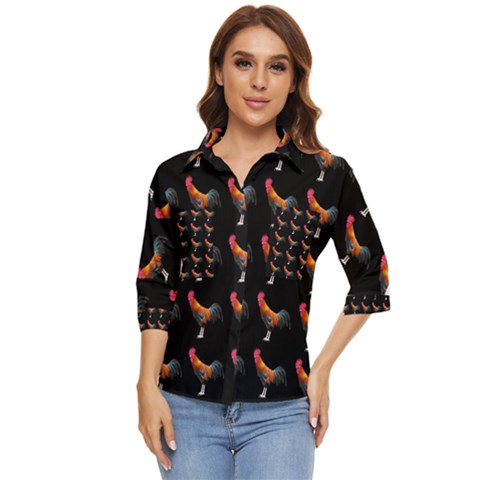 Background Pattern Chicken Fowl Cockerel Livestock Women s Quarter Sleeve Pocket Shirt by Ravend