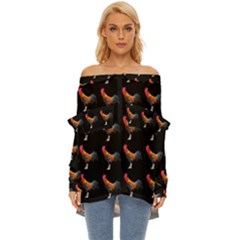 Background Pattern Chicken Fowl Cockerel Livestock Off Shoulder Chiffon Pocket Shirt by Ravend