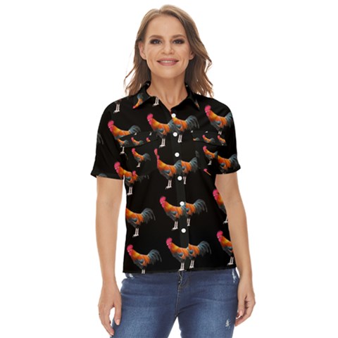 Background Pattern Chicken Fowl Cockerel Livestock Women s Short Sleeve Double Pocket Shirt by Ravend