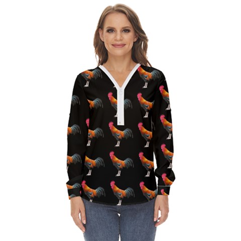 Background Pattern Chicken Fowl Cockerel Livestock Zip Up Long Sleeve Blouse by Ravend