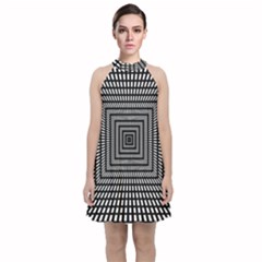 Focus Squares Optical Illusion Background Pattern Velvet Halter Neckline Dress 