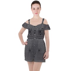 Focus Squares Optical Illusion Background Pattern Ruffle Cut Out Chiffon Playsuit by Ravend