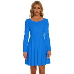 Azure Blue	 - 	long Sleeve Wide Neck Velvet Dress