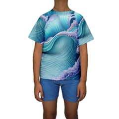 Pastel Sea Waves Kids  Short Sleeve Swimwear by GardenOfOphir