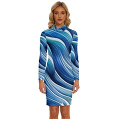 Sunny Ocean Wave Long Sleeve Shirt Collar Bodycon Dress