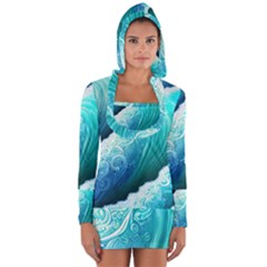 Abstract Waves In Blue And Green Long Sleeve Hooded T-shirt by GardenOfOphir