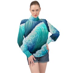 Abstract Waves In Blue And Green High Neck Long Sleeve Chiffon Top by GardenOfOphir