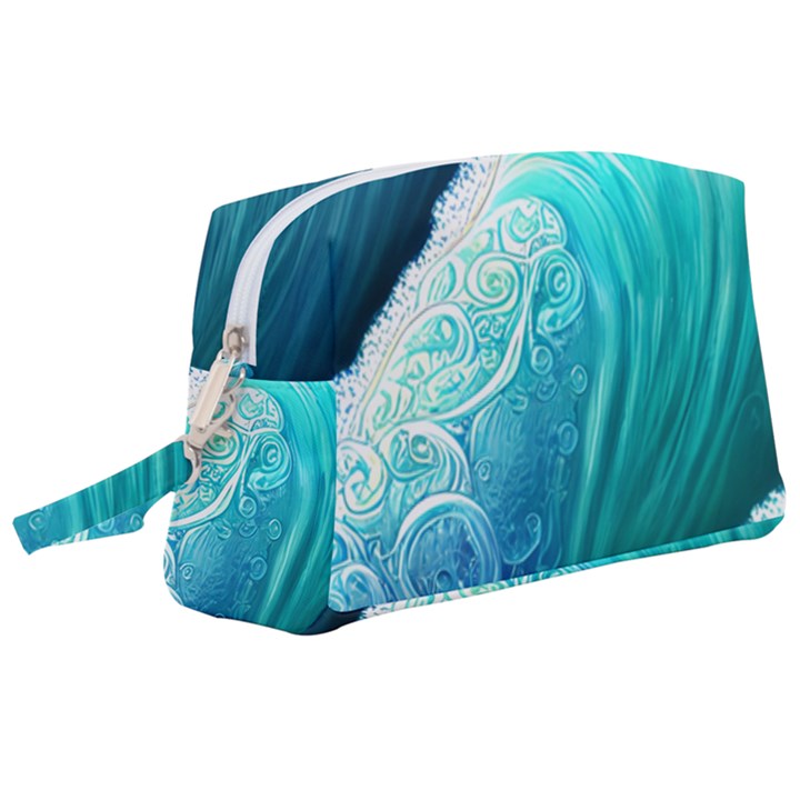 Abstract Waves In Blue And Green Wristlet Pouch Bag (Large)