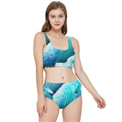 Abstract Waves In Blue And Green Frilly Bikini Set