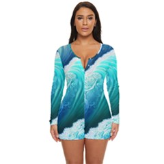 Abstract Waves In Blue And Green Long Sleeve Boyleg Swimsuit