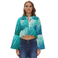 Abstract Waves In Blue And Green Boho Long Bell Sleeve Top