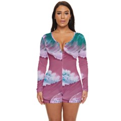 Ocean Waves In Pink Long Sleeve Boyleg Swimsuit