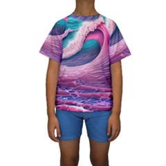 Pink Waves On The Beach Ii Kids  Short Sleeve Swimwear by GardenOfOphir