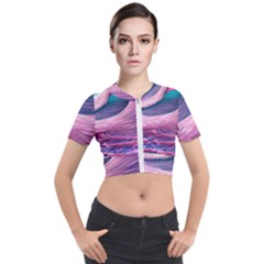 Pink Waves On The Beach Ii Short Sleeve Cropped Jacket by GardenOfOphir