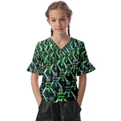 Bottles Green Drink Pattern Soda Refreshment Kids  V-neck Horn Sleeve Blouse