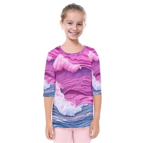 Abstract Pink Ocean Waves Kids  Quarter Sleeve Raglan Tee by GardenOfOphir